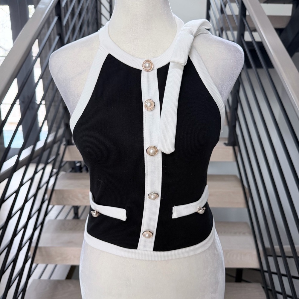 New Y2K Stylish Black and White Halter Top with Pearl Buttons And a Bow size S - Picture 4 of 6